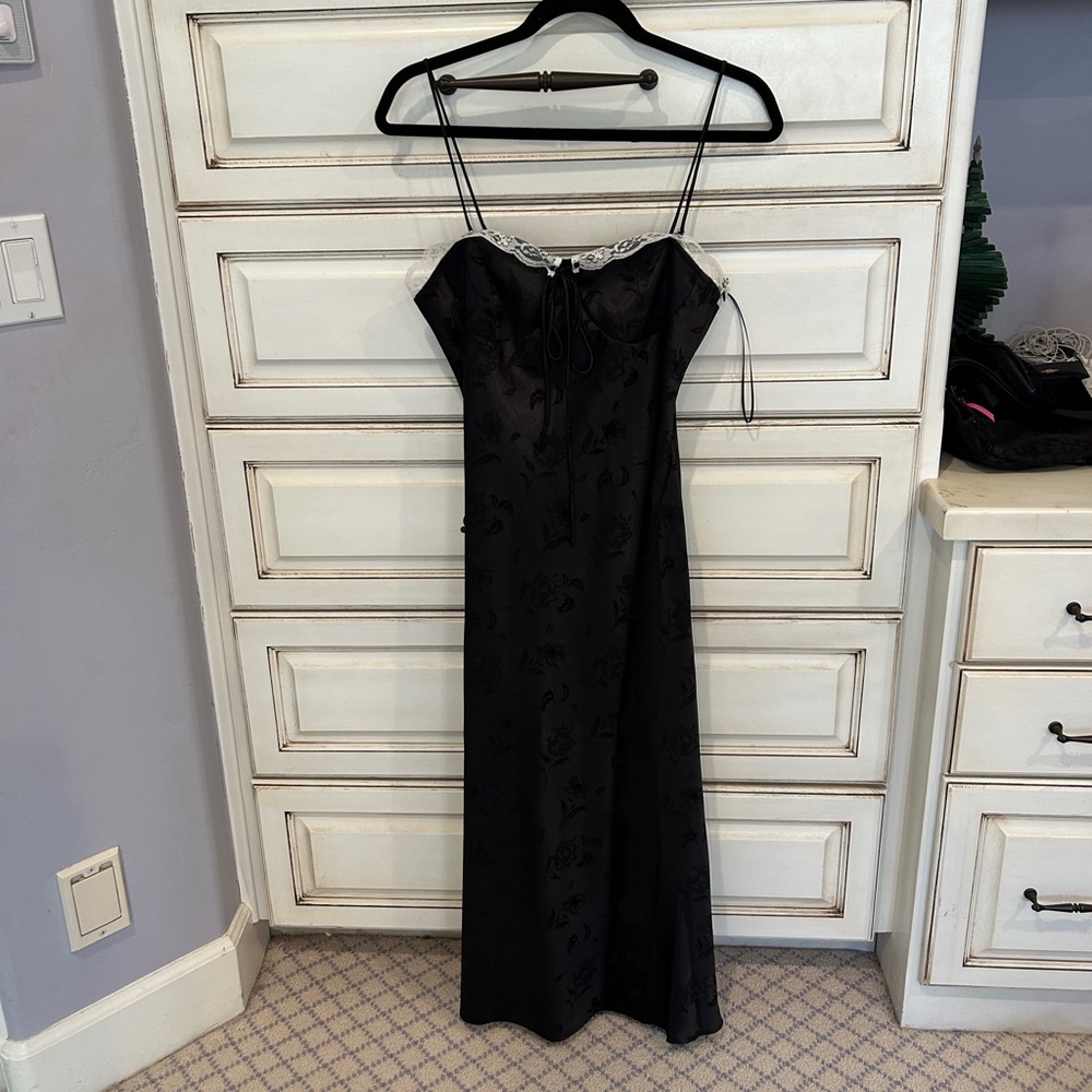 Long Black Dress with Lace Trim